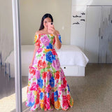 Fongt New Spring And Summer Women's Dress A Word Broken Shoulder Long Printed Fairy