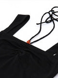 Black Pleated Halter Tank Top with Wooden