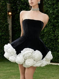 Black Strapless 3d Floral A-Line Mini Dress-Outfit