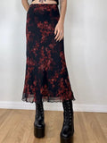 midi skirt with mesh inserts and floral