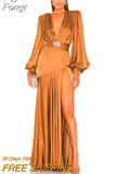 2023 Fall New Women's High Quality Sexy V-Neck Pleated Lantern Sleeve Long Dress with Belt Elegant Celebrity Party
