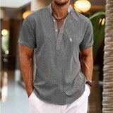 Fongt New Men's Plus Size Solid Color Henry Collar Short Sleeve Shirt Cover Shape Simple Shirt-Outfit
