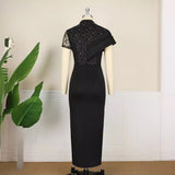 Fongt Large-Size New Round-Neck Lace Retro Dress Lotus Side Short-Sleeved Performance Costume Blackdress