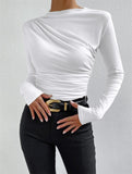 Fongt Solid Color Trim Bottom Shirt Folding Design Long-Sleeved T-Shirt Lady