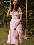 Pink Floral Midi Dress Women Sexy Off Shoulder Ruffles Long Dresses Summer Strapless Side Split Print Dress Beach