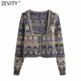 2021 Women Vintage Square Collar Flower Print Jacquard Knitting Sweater Female Long Sleeve Chic Cardigans Coat Tops