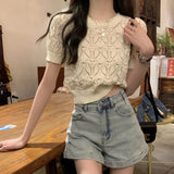 Fongt Temperament Hollow T-Shirt Girl Summer New Solid Color Short-Term Cash Waist Repair Slim Thin Short-Sleeved Top