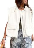 Fongt New Sleeveless Pocket Loose Vest Zipper Coat Woman