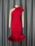 Fongt Half-High Collar Lotus Leaf-Side Dress Sided Shoulder Lotus Hem Banquet Evening Dress Dresses