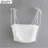 Women Spaghetti Strap Black White Color Chic Camis Tank Ladies Summer Back Elastic Pleated Short Sling Crop Tops