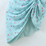 Blue Floral Mini Ruched Slit Bustier Dress-Outfit