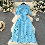 Fongt Spring Dress 2025 New Women's Spring And Autumn Heavy Industry Water-Soluble Lace Lace-In-Air Mid-Change Dress Vacation Dress