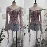 Real Shot One-字 Collared Shoulder Long-Sleeved Mesh Printing Top Irregularly Folded Lotus Leaves With Short T-Shirt