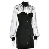 Sheer Long Sleeve Mock Neck Bodycon Mini Dress-Outfit
