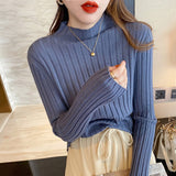 Fongt Winter Half-High Sweater Women Long Sleeve Pure Color Spring And Autumn Pit Stripe Loose Knitted Bottom