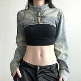 Old Washing Metal Buckle Collar Loose Long-Sleeved Ultra-Short Denim Jacket Blouse 2023 New Style-Outfit
