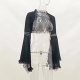 Spring And Summer New Dark Lace Lace Horn Sleeves Casual Black Blouse-Outfit