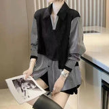 Streetwear Striped Casual Patchwork Blouse Women's Clothing Button Loose All-match Spring Autumn Turn-down Collar Shirt-Outfit
