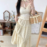 Fresh Floral Fungus A-line Skirt for Women High Waist Ruched Cake Skirts 2024 Summer New Mid-length Lloose Faldas Mujer-Outfit