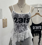 Real Shooting Lace Sling Vest Irregular Ribbon Hot Wear Print Short-Sleeved Top