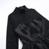 Black Turtleneck Sheer Long Sleeve Satin Mini Dress-Outfit