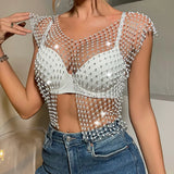 Fongt Direct Selling Hot Fishing Net Bright Drill Slit Sexy Crop Vest