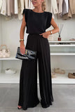 Fongt Women's Fashion Set Round-Neck Sleeveless Top 100-Fold Broad Leg Trousers Two-Set Casual Set