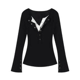 Solid Color Fake Two Pieces Long Sleeve Tee-Outfit