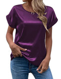 Women's Short-Sleeved Satin Shirt Loose Casual Round-Collar Satin T-Shirt Women's Spring / Summer 2024 New Style-Outfit