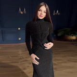 Fongt The Autumn Of 2025, The New Women's High-Necked Folded Waist Fashion Hot Diamond Dress