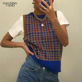 Argyle Women Sweater Vest 2020 New Splice Color Plaid Sleeveless Round Neck Autumn Winter Female Knitted Vest