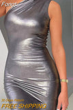 Pu Faux Leather Y2K Clothes One Shoulder Sleeveless Backless Bodycon Maxi Dresses For Women Club Party Elegant