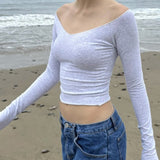 Summer Women's Wear European Station Ins Street Word Shoulder Solid Color Basic Slim Long-Sleeved T-Shirt-Outfit
