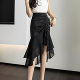 Fashion Ruffles Chiffon Voile Splicing Mermaid Skirt 2023 Elegant Office Lady Asymmetrical All-match Shirring Midi Skirts-Outfit