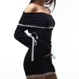Black Long Sleeve Off-shoulder Bow Mini Dress-Outfit