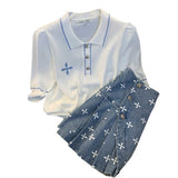 Women High Quality Summer 2-piece Set O-Neck Black Short Sleeve Knit Tops+Blue Printed Denim Mini Skirt Suit Female