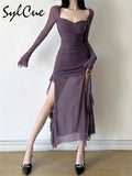 Winter Party Queen Purple Mature Sexy Beautiful Confident Elegant Graceful Women'S Translucent Thin Straight Dress-Outfit