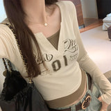 Color Splicing Fake Two Long-Sleeved T-Shirts Women's Autumn New V-Collar
