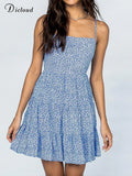 Beach Sexy Summer Dresses For Women 2022 Blue Floral Backless Lace Up Tiered Tank Vestido Casual Sweet Girl Party
