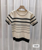 Kong Flavor Retro Chic Striped Shoulder Short Sleeve T-Shirt Girls Summer Thin Retro Thin Ice Silk Knitted Shirt