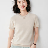 Fongt Female Round Collar Loose T-Shirt Inside Build Sweater Spring Autumn Base Outside Wear Short Sleeve Hair-Outfit