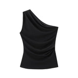 Fongt New Ribs Asymmetrical Neck Cover Stomach Sleeveless Vest Topess