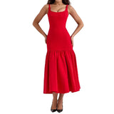 Fongt Women's New Square Collar Women's Elegant Flounce Solid Color Sexy Sling Autumn And Winter