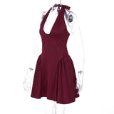 Deep V-Halter Backless A-line Mini Dress-Outfit