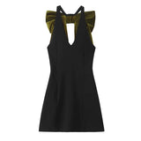 Black Halter Green Bow Mini Dress-Outfit