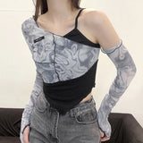 Fongt 2023 New Women's Fashion Print Irregular Sexy Open Shoulder False Two Long-Sleeved Women-Outfit
