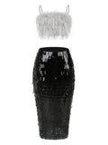 High-End Women's Sexy Bag Squid Crayons Pencil Skirt Women's High-End Temperament Feather Splicing Slingd Ribbon