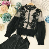 Sheer Lace Lantern Sleeve 3D Floral Elegant