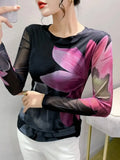 Autumn Winter Double-Layer Mesh T-shirt Female Printing Positioning Flower Long Sleeved Round Neck Slim Top FF0923-Outfit