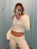 Knit Zipper Hodded Top And Pants Set-Outfit